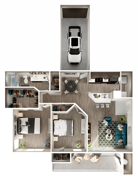 Floor plan for 2 beds, 1 bath, 917 sqft